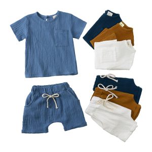 Wholesale Kids Clothing Sets Muslin Kids Two Pieces Clothes Sets Breathable 100% Cotton Short Sleeves Top and Shorts Outfits Set